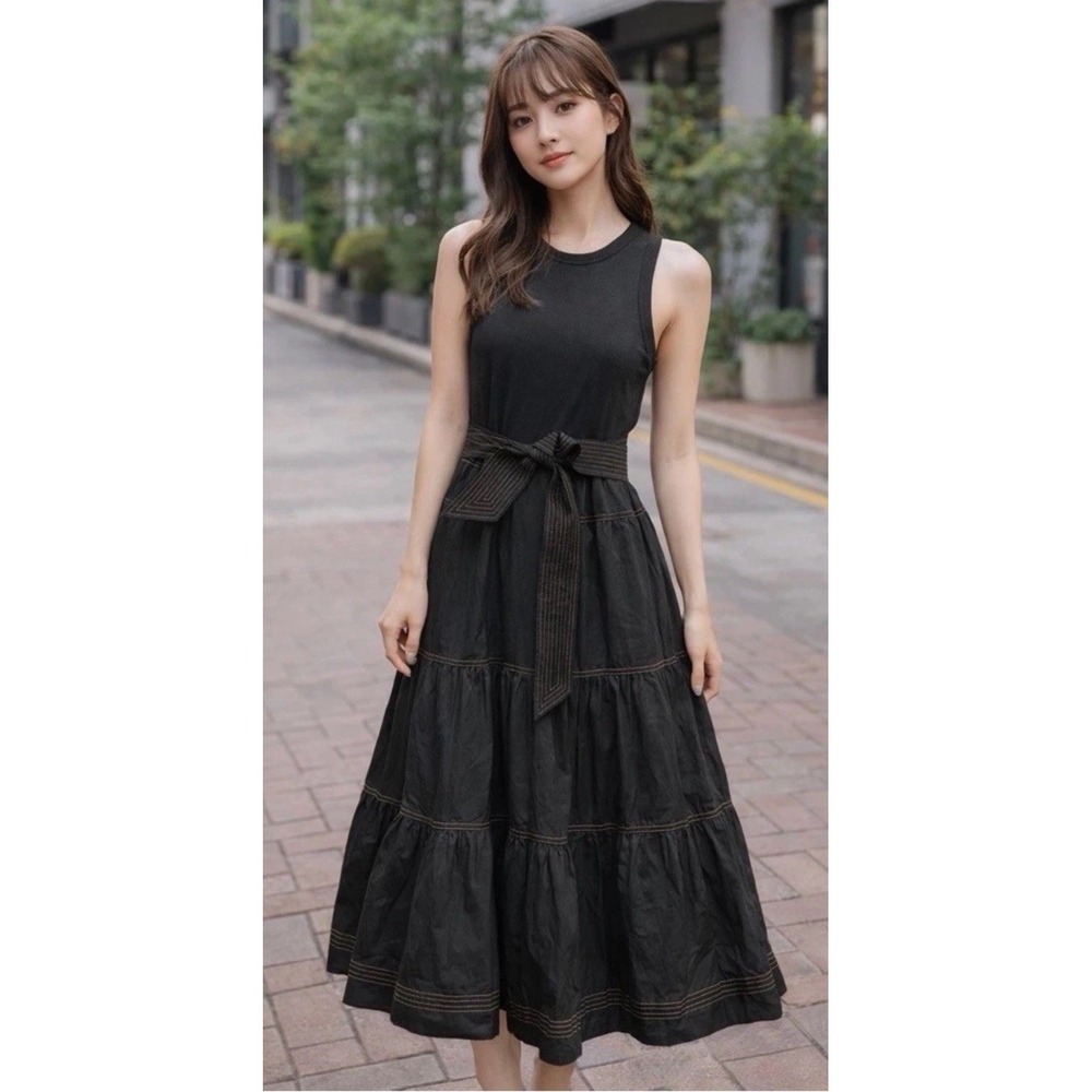 NWT Veronica Beard Austyn Tie Waist Tiered Tank Midi Dress Sz L‎ Black